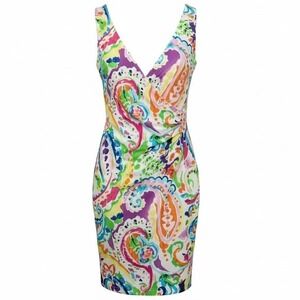 Lauren Ralph Lauren Women Paisley Sheath Dress V Neck Sleeveless Size 6